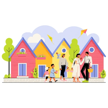 A quaint village with houses featuring colorful, triangular rooftops and brick facades. Some houses have small, circular windows and flower boxes under them filled with bright flowers. Villagers are depicted walking along a cobblestone street, carrying baskets and waving at each other. A woman wearing a long dress and a sunhat chats with a man dressed in a button-up shirt and suspenders. Children play nearby, flying kites in a clear blue sky with a few fluffy white clouds. There are trees lining the street, with green leaves rustling in a gentle breeze.