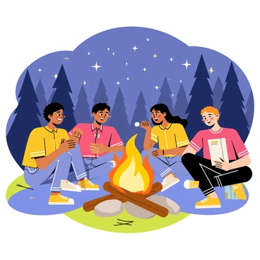 A group of four friends sitting in a circle around a bright orange campfire. The flames flicker and cast warm light on their faces. The friends, consisting of two males and two females, are animatedly sharing stories. One friend is laughing, with their hands raised in excitement, while another is leaning in, listening intently. The third friend is holding a marshmallow on a stick, and the fourth is taking notes in a small notebook. Surrounding them is a lush forest with tall trees and stars twinkling in the night sky.