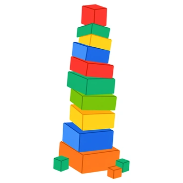 Colorful blocks in various shapes and sizes are being stacked one on top of the other to create a tall tower. Each block features vibrant colors such as red, blue, green, yellow, and orange. The blocks are arranged unevenly, some slightly tilted while others are perfectly aligned. The tower rises high into the air, showcasing a playful and imaginative design. A few blocks are scattered around the base, contributing to the lively atmosphere of the scene.