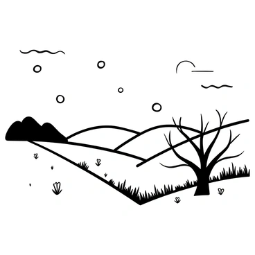 A vast landscape with rolling hills and gentle slopes. "Mustard seeds" are depicted as small spheres floating gracefully through the air. A cluster of trees stands in the foreground, their branches reaching outward. In the distance, a soft horizon line meets a cloudy sky, enhancing the dream-like quality of the scene. The ground features patches of grass and wildflowers that sway gently as if in a breeze. Thin, wispy clouds drift lazily across the sky.