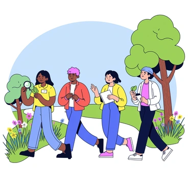 A group of four students walking along a nature trail. Two students are examining a leaf with a magnifying glass, while another student is taking notes in a notebook. The fourth student is pointing towards a tree with green leaves and a textured bark. Surrounding the trail are tall grasses and various wildflowers in bright colors. In the background, there are a few trees providing shade along the path. The sky above is clear and blue.