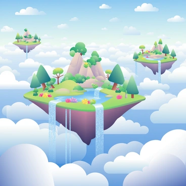 A vast fantasy landscape features numerous floating islands suspended in the sky. Each island is covered with lush greenery, colorful flowers, and towering trees. Waterfalls cascade dramatically from the edges of these islands, sending sparkling water down into a soft layer of clouds below. The clouds are fluffy and white, creating a dreamy backdrop. In the distance, a bright blue sky is dotted with small, fluffy clouds, enhancing the ethereal atmosphere of this magical setting. The sunlight filters through, casting a warm glow on the islands and waterfalls.