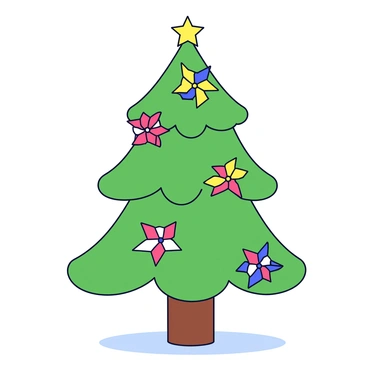 A Christmas tree with green branches, elegantly shaped in a triangular form. The tree is adorned with colorful pinwheels in various sizes, each spinning gently in the air. The pinwheels feature vibrant patterns of red, blue, and yellow. At the top of the tree sits a shiny star. The tree is placed on a simple wooden stand. The ground around the base is covered with a light snow effect.