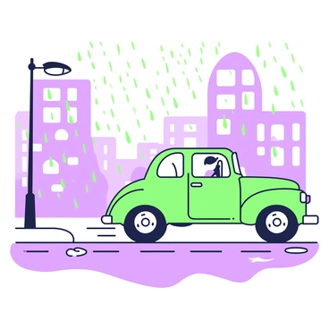 A vintage green car driving through a rain-soaked street with its wipers on