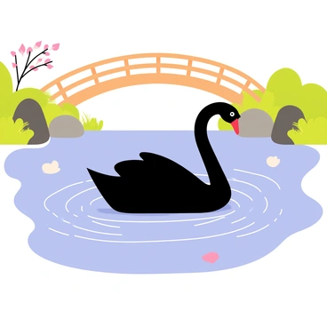 A black swan creating ripples in a tranquil Japanese zen garden pond