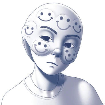 A person stands in the foreground, wearing a mask that is intricately designed with multiple smiling faces, showcasing an array of joyful expressions. The mask covers the upper part of their head, leaving the eyes and lower face visible. The visible part of their face shows subtle signs of anxiety, with raised eyebrows and slightly pursed lips. The individual is positioned against a blurred backdrop, emphasizing the contrast between the cheerful mask and their anxious demeanor. The lighting highlights the texture of the mask and the subtle details of the person's expression.