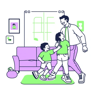 A father and child are dancing joyfully in a cozy living room. The father is wearing a casual shirt and jeans, smiling broadly as he twirls his child around. The child is dressed in a bright shirt and shorts, giggling with delight as they move together. In the background, there are plush sofas, and a large window allowing natural light to fill the space. On the floor, a colorful rug adds a playful touch, and a few framed pictures decorate the walls, showcasing family moments.