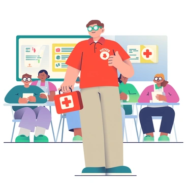 A first-aid instructor with light skin and short brown hair is standing in front of a classroom while wearing safety glasses. They are wearing a bright red polo shirt with the logo of a first-aid organization and khaki pants. The instructor is holding a first-aid kit in one hand while gesturing with the other to emphasize a point. In the background, there are students seated at desks, attentively listening and taking notes. Posters of safety procedures are displayed on the walls, and a whiteboard with key points written on it is visible beside the instructor.