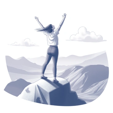 A woman is standing on a mountain peak. She has her arms raised above her head in a victorious pose. The wind is blowing through her hair, and her clothing is slightly billowing. Below, a vast valley stretches out, filled with rugged terrain and distant hills. Light clouds can be seen in the sky, casting shadows on the valley floor. The scene conveys a sense of achievement and connection with nature.