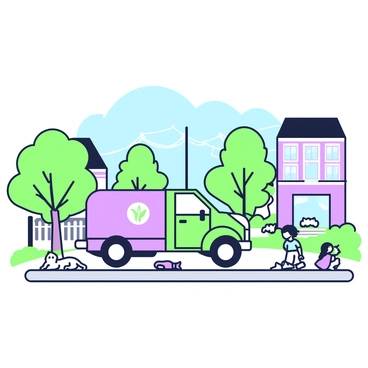 A small fuel delivery truck is driving down a tree-lined street in a suburban neighborhood. The truck has a rounded body and a delivery logo on its side. Along the road, there are neatly trimmed lawns with flower beds in front of houses. Some houses have picket fences, and others have large windows with curtains. A few children are playing on the sidewalk, and a dog is sitting on the grass. In the background, there are utility poles and a clear blue sky.