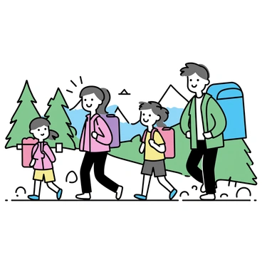 A family of four hiking along a mountain trail. The father, wearing a green jacket and black pants, carries a large blue backpack. The mother is wearing a red coat and has a small backpack. Their son, in a yellow t-shirt and shorts, has a red backpack, while their daughter, dressed in a pink jacket, also carries a purple backpack. The trail is surrounded by green trees and rocky formations, with a distant view of snow-capped mountains in the background.