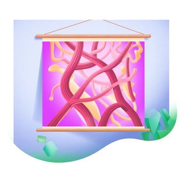 A tapestry hanging on a textured wall, featuring an intricate design of "veins" weaving together in a complex and harmonious pattern. The colors of the veins transition gradually from deep crimson to soft pink, with hints of gold outlining the edges. The tapestry is framed by a simple wooden border, and softly diffused light casts gentle shadows, highlighting the texture of the fabric and the details of the design.