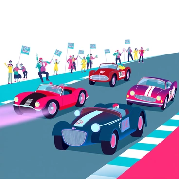 A vibrant race track scene filled with historic cars from various eras, showcasing their distinct designs and colors. In the foreground, a classic 1920s roadster with a shiny chrome grille and leather seats speeds ahead, leaving a trail of dust behind. Beside it, a sleek 1950s Ferrari with a glossy red finish and racing stripes closely follows, its driver focused and intense. Further along the track, a rugged 1970s muscle car, painted in bright yellow with bold decals, skillfully takes a sharp turn. Spectators lined along the track are cheering enthusiastically, waving flags that add to the excitement of the competition. The sky above is clear, creating a perfect day for racing.