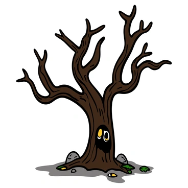 A twisted, haunted tree with dark, gnarled branches stretching out in various directions. Its bark is rough and uneven, showcasing deep grooves and cracks. From the branches, "spooky eyes" with glowing yellow irises are peeking out, adding an eerie element to the scene. The tree's silhouette casts a long shadow, creating a sense of mystery and unease in its surroundings. The ground around the tree is littered with fallen leaves and small, scattered rocks.