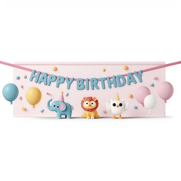 A "whimsical birthday banner" stretching across the top of the image. The banner features a colorful design with the words "Happy Birthday" in large, playful letters. Below the text, there are several "cute cartoon animals" including a "happy elephant with a blue party hat," a "smiling lion wearing a red party hat," and a "cheerful owl with a yellow party hat." Each animal is surrounded by "colorful balloons" and "confetti" to enhance the festive atmosphere. The background is a soft pastel color, adding to the celebratory theme.
