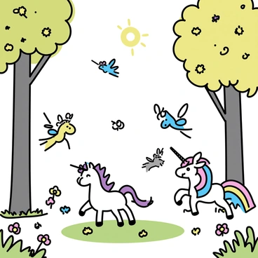 A scene depicting various magical creatures like fairies and unicorns frolicking in a vibrant forest clearing.