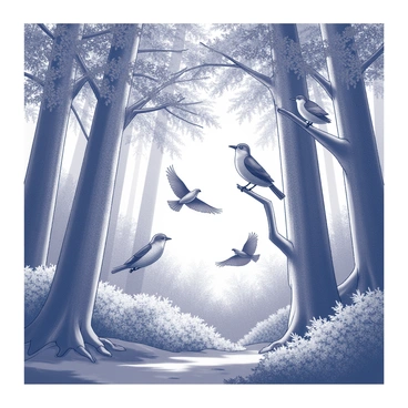 A dense forest with towering trees creates a thick canopy overhead. The foliage is rich and varied, featuring different shades of green and intricate leaf shapes. Various bird species are seen perched among the branches, each displaying unique sizes and shapes. Some birds are in flight, showcasing their wings, while others are resting quietly. The forest floor is visible below, with hints of sunlight filtering through the leaves, illuminating patches of earth.