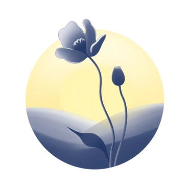 A poppy flower is depicted as a striking silhouette, showcasing its delicate petals and distinctive shape. The stem of the flower arches gently, complementing the graceful form of the bloom. The background features a vibrant sunset, transitioning between shades that include warm yellows and soft blacks. The contrast between the dark silhouette of the poppy and the bright sunset creates a dramatic visual effect.