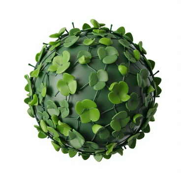 A globe constructed entirely from green leaves and branches, featuring a variety of leaf shapes and sizes, creating a textured surface. The leaves are rich in color, ranging from deep emerald to vibrant lime green, interwoven with slender twigs that form a spherical structure. The branches extend slightly from the globe, giving a natural and organic appearance. The overall design captures the essence of a green, earth-like representation, evoking a sense of nature and sustainability.