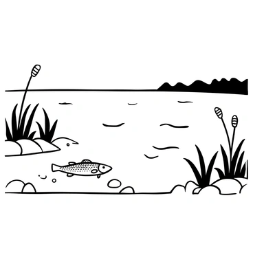 A tranquil lake with gently rippling water. A lone striped bass is swimming just below the surface, creating small disturbances in the water. The surrounding area features tall reeds and a few scattered rocks along the shore. In the background, there are silhouettes of distant trees lining the edge of the lake. The overall composition captures the harmony of nature in a peaceful setting.
