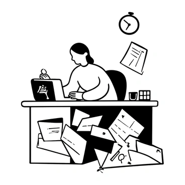 A person sitting at a desk covered with various documents and a laptop, focused on filling out forms. Papers are scattered around, some partially stacked, showcasing tax-related materials. A calculator sits beside the laptop, and a pen is in the person's hand. A small clock on the wall indicates late hours, and a coffee mug is placed near the edge of the desk.