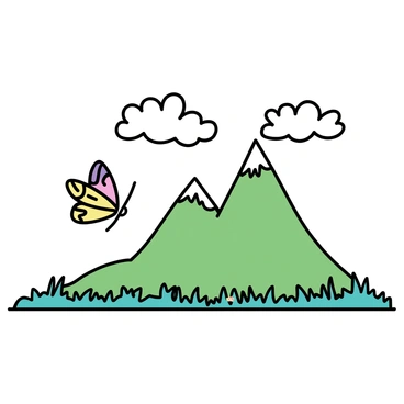 A mountainous landscape with sharp peaks and ridges, covered in lush green vegetation. The base of the mountains is adorned with scattered wildflowers in various colors. At the skyline, the mountains gradually morph into the shapes of butterfly wings, displaying intricate patterns and vibrant colors. The upper edges of the wings blend seamlessly with the clouds, creating a sense of unity between the natural elements.