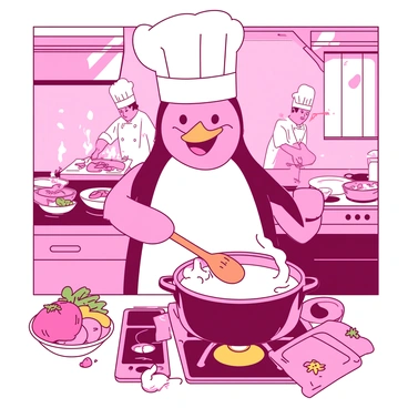 A pink jovial penguin mascot wearing a white chef's hat stands confidently in a busy kitchen. The kitchen is filled with shiny stainless steel appliances and colorful ingredients scattered on a wooden countertop. The penguin is stirring a bubbling pot on the stove with a wooden spoon, and a variety of fresh vegetables are neatly arranged around it. Bright flames flicker beneath the pot, adding a sense of excitement. In the background, chefs can be seen hurriedly preparing dishes, contributing to the bustling atmosphere. The penguin's cheerful expression shows passion for cooking.