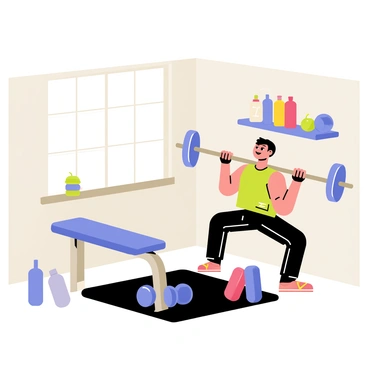 An illustration of a compact home gym setup. The space includes a small weight bench with a set of dumbbells resting on it. A person is shown performing barbell rows, gripping a silver barbell with both hands, their muscles visibly engaged. The floor is covered with a dark exercise mat, and gym accessories like a water bottle and a towel are placed nearby. Wall shelves display neatly organized fitness gear. A large window allows bright natural light to flood the room, enhancing the workout environment.