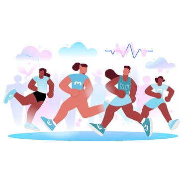 A group of runners are participating in a marathon, with several individuals in dynamic running poses. Each runner is wearing a colorful athletic outfit, showcasing a variety of designs and patterns. Above each runner, there is a graphic representation of their heart rate, depicted as a pulsating line graph in vibrant colors. The background features a blurred scene of cheering spectators, adding to the sense of movement and energy in the atmosphere.