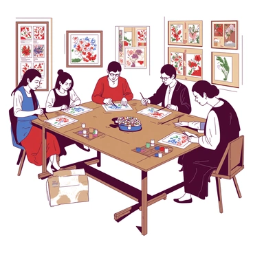 A group of artists is gathered around a large wooden table, each focused intently on their work. In the center of the table, there are various vibrant paints arranged in small containers. Each artist has a fine brush in hand, poised over delicate sheets where they are painting "intricate Persian miniatures." The miniatures display elaborate floral designs, intricate geometric patterns, and detailed figures. The atmosphere is filled with an air of concentration as the artists carefully apply their colors, with palettes of "rich reds" and "deep blues" visible on their workstations. In the background, the walls are adorned with examples of completed miniatures, showcasing the beauty of their craftsmanship.