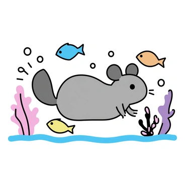 A grey chinchilla with soft fur is swimming underwater, surrounded by colorful tropical fish. The fish include shades of orange, blue, and yellow, darting around the chinchilla. There are various coral formations in the background, displaying vibrant hues of pink, purple, and orange. Bubbles are rising around the chinchilla as it moves gracefully through the water.