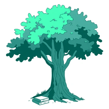 A large tree with a thick trunk and sprawling branches stands tall, its leaves glowing softly in a vibrant shade of teal. Each leaf is intricately shaped, capturing the essence of wisdom and knowledge. The tree's bark is textured, with deep grooves and a rich color contrasting against the luminescent leaves. Around the base of the tree, there are scattered books with white covers, symbolizing the sharing of knowledge. A gentle light emanates from the leaves, illuminating the surroundings in a soft glow.