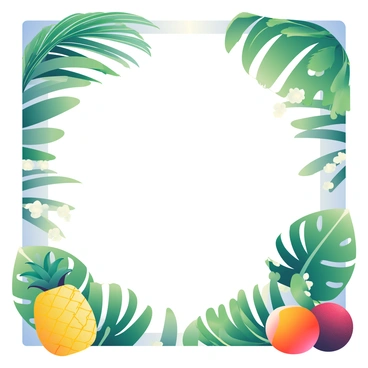A vibrant tropical frame is filled with lush, green palm leaves that arch elegantly from the corners. Brightly colored exotic fruits, including a yellow pineapple, orange mangoes, and deep red dragon fruits, are nestled among the leaves. The frame has a light background that accentuates the vivid colors of the fruits and the rich green of the leaves. Small white flowers, scattered throughout, add to the tropical feel of the composition.