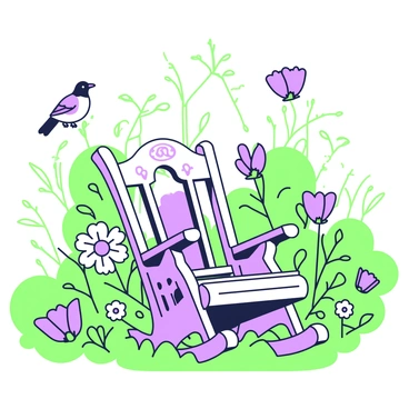 A rocking chair is placed in the center of a lush garden. The chair is made of wood, with intricate carvings on the arms and legs. Surrounding the chair are various blooming flowers, showcasing different shapes and sizes. In the background, several birds are perched on branches, with one bird in mid-flight nearby. The garden is filled with greenery, including tall plants and small bushes that frame the scene. Sunlight filters through the leaves, creating a play of light and shadow around the rocking chair.