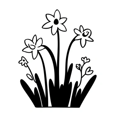 A cluster of daffodils with trumpet-shaped flowers emerging from the ground, surrounded by lush green grass. The stems are slender, supporting the vibrant flowers that stand tall and proud. The background features other flowering plants and budding trees, showcasing the transition from winter to spring. The overall composition captures the energy and growth of nature during this season.
