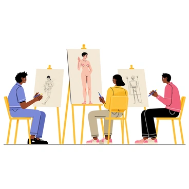 A life drawing session featuring several students sitting at easels. Each student is focused on sketching a model posed in the center of the room. The model is standing gracefully with arms raised, wearing a simple nude attire to emphasize the form. The students have various drawing tools like pencils and charcoal in hand. Soft lighting illuminates the scene, creating gentle shadows. Drawing pads are filled with sketches, showcasing a variety of styles and perspectives.