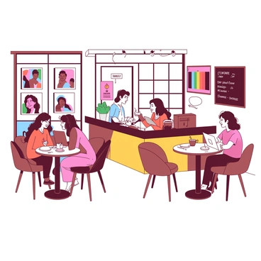 A cozy café interior features soft seating areas with a variety of chairs and small tables. The walls are adorned with colorful artwork celebrating diversity, showcasing different gender identities. A barista stands behind a warm wooden counter, preparing drinks with a smile. Customers of various gender identities are seated at different tables, engaging in conversation, some laughing and others focused on their laptops. Large windows let in natural light, creating a bright atmosphere. A chalkboard menu hangs on the wall, displaying daily specials in colorful chalk.