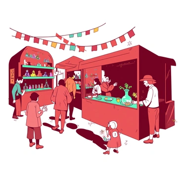 A vibrant red market square filled with activity. Various vendors are set up at colorful stalls, showcasing a variety of curious and magical items. One stall features a tall teal shelf overflowing with sparkling crystals, while another displays intricate, glowing potions in glass vials. A vendor with a wide-brimmed hat is demonstrating a small teal gadget that emanates colorful lights. In the background, colorful banners flutter in the gentle breeze, adding to the lively atmosphere. People of all ages are browsing the stalls, engaged in animated conversations, and admiring the unique offerings.