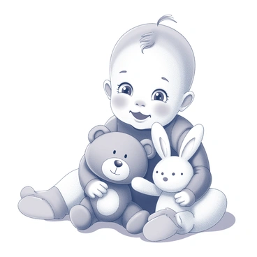 A baby with a gentle smile is sitting on a soft surface. The baby is playing with two plush toys, one shaped like a bear and the other shaped like a rabbit. The baby's eyes are bright with joy, and small hands are reaching out to grasp the toys. The plush toys are close to the baby's face, and the baby is laughing softly, creating a joyful atmosphere. The background is simple and unobtrusive, focusing attention on the baby and the toys.