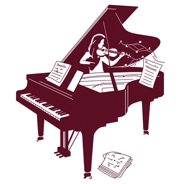 A duotone illustration featuring a grand piano with its lid open, revealing intricate carvings that depict a musician playing a violin inside the piano's body. The curved shape of the piano forms the silhouette of the violinist, with flowing lines representing the music notes emanating from the strings. Surrounding the piano, there are scattered sheet music pages that subtly blend into the design, highlighting the connection between the instruments and the musicians. The overall composition blends the shapes seamlessly, creating a harmonious interaction between the instruments and the art of performance.