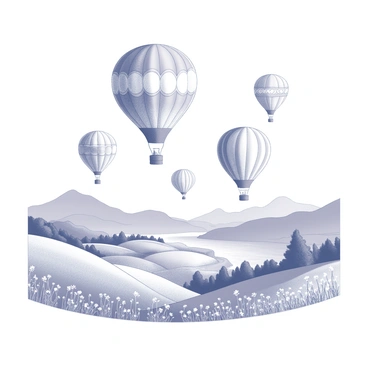 A wedding card design featuring a collection of hot air balloons gently floating in the sky. Each balloon has a unique shape and pattern, contributing to a playful atmosphere. Below, a scenic landscape unfolds, with rolling hills and a winding river. The foreground includes delicate flowers and grasses swaying in the breeze. The background showcases distant mountains under a clear sky, creating a sense of depth and tranquility. The overall composition captures a sense of joy and celebration, fitting for a wedding theme.