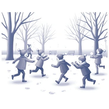 A group of children is engaged in a lively snowball fight in a snowy park. Some children are laughing and running, while others are crouched, ready to throw snowballs. The ground is blanketed in white snow, and playful snowflakes are falling gently from the sky. Surrounding the scene are tall trees, their branches heavy with white snow, creating a winter wonderland atmosphere. In the background, there are hints of park benches and footprints in the snow, indicating previous visitors. The children's clothing includes hats, scarves, and mittens, adding to the festive winter scene.