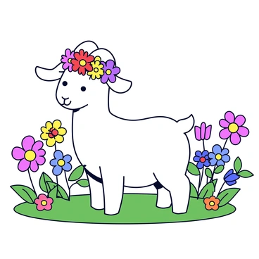 A baby goat adorned with a colorful flower crown in a blooming garden.