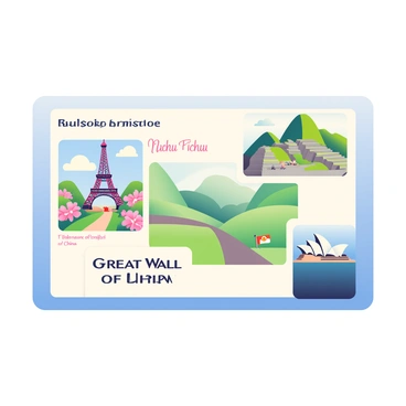 A presentation slide is filled with vibrant illustrations of world-famous travel destinations. At the top, there is a stunning depiction of the "Eiffel Tower" in Paris, surrounded by blooming cherry blossom trees. Beside it, there is an illustration of "Machu Picchu" nestled among lush green mountains, with a bright blue sky above. Below, the "Great Wall of China" winds through rolling hills, with people walking along its path. In the corner, there is a dark blue ocean with the "Sydney Opera House" standing prominently against the skyline. Each destination is labeled with elegant, bold text displaying their names. The overall design features a soft gradient background that highlights the beauty of these iconic locations.