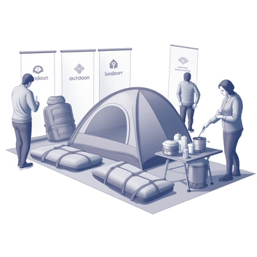 A variety of camping gear is on display, including sleeping bags, backpacks, and portable cooking equipment. There is a tent prominently set up in the center, showcasing its features such as mesh windows and a waterproof fly. Adjacent to the tent, a camping stove is placed on a foldable table, alongside utensils and other cooking supplies. The background features banners advertising outdoor brands and products, while visitors can be seen interacting and examining the gear, creating an atmosphere of excitement and exploration.
