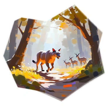 A saber-tooth cat with large, elongated canine teeth is stealthily moving through a dense, foggy forest. Its fur is a mix of dark browns and light tans, providing camouflage among the trees. The cat is low to the ground, its muscles taut as it focuses on its prey, a small herd of antelope grazing nearby. The forest is thick with tall, ancient trees and lush underbrush, shrouded in a layer of mist that adds an air of mystery to the scene. Sunlight filters through the branches, casting dappled shadows on the forest floor. The atmosphere is tense, filled with the anticipation of the hunt.