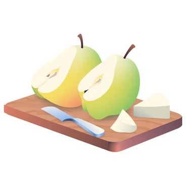 A gourmet vector illustration of a pear elegantly sliced and paired with cheese on a wooden board.