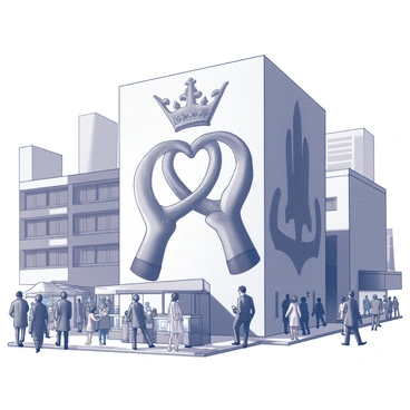 A large mural depicting the "Claddagh" symbol is painted on the side of a building. The mural features two hands, a heart, and a crown, all intricately detailed. The surrounding area is vibrant, filled with people walking and engaging in various activities. City buildings rise in the background, and street vendors are visible, contributing to the lively atmosphere. The mural itself stands out prominently against the urban backdrop, drawing the attention of passersby.