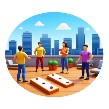 A group of four people playing cornhole on a rooftop. The players are positioned on a wooden deck with cornhole boards set up in front of them. Two players are tossing bean bags towards the boards while the others are watching and cheering. In the background, there are buildings of various heights forming a cityscape view. The sky above is clear with a few clouds, and the sun casts shadows on the rooftop. There are some potted plants and lounge furniture nearby, enhancing the urban atmosphere.