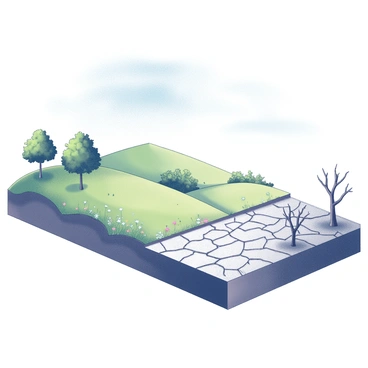 A landscape divided into two distinct halves. On the left side, there is a healthy landscape featuring lush green hills, vibrant trees with full canopies, and a clear blue sky. The grass is rich and plentiful, with wildflowers interspersed among the greenery. On the right side, the scene transitions into a drought-affected desert characterized by cracked, parched earth and sparse, dry shrubs. The sky above this side is clear but devoid of clouds, emphasizing the starkness of the environment. The contrasting elements between the two halves create a striking visual representation of the impact of climate conditions.